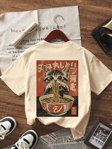 Summer New Minimalist Funny Japanese Cat Eating Noodles Style Casual Round Neck Short Sleeve T-Shirt, Fashionable And Versatile Women Top - Apricot - View 2