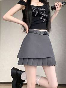 女士春夏新款休闲百褶裙，不对称百褶裙，学院风防走光荷叶边裙 - 灰色 - 查看 11