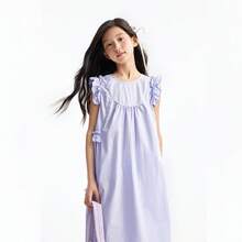 Annil [Fresh Cotton Linen Dress] Girls' Summer Sweet And Fun All-Over Embroidered Loose Breathable Puff Sleeve A-Line Dress - Photinia - View 8