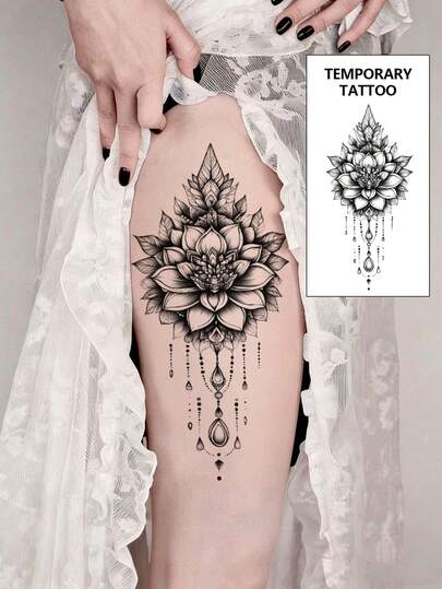 1 pièce Autocollant de tatouage temporaire à la mode et cool, tatouage de couple, faux tatouage noir, tatouage à usage unique, mandala, lotus, chaîne, pendentif, fleur, imperméable, non réfléchissant, facile à appliquer et à enlever, très réaliste, convient aux hommes ou aux femmes sur la jambe, le pied, le torse, la cuisse, le bras, la taille, l'abdomen, fournitures pour festival de musique et fête