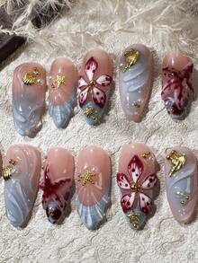 Handmade 3D Floral Nail Art, Summer Beach Style 3D Floral Nail Art, Crystal Shell Nail Art, Yellow Almond-Shaped Medium Length False Nails, Women & Girls Nail Art - 淺藍色 - 查看 2