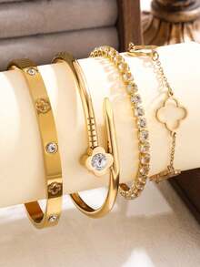4 Stücke/Set Edelstahl Kleeblatt Zirkonia Blumen Armband, vielseitiges Schmuckzubehör für Frauen, geeignet für eleganten Alltag und Partys, ideales Geschenk - Goldgelb - Übersicht 8