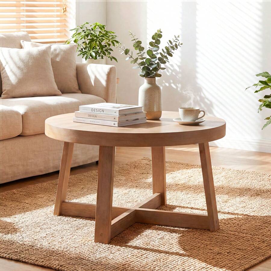 30'' Round Coffee Table W/Solid Wood Cross-Shaped Base.Farmhouse Accent Tea Table - Natural - View 1