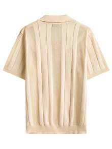 男士Polo衫一件，米色镂空条纹针织，简约休闲风格，修身透气，轻盈质感针织面料，适合春夏休闲穿着 - 卡其色 - 查看 5