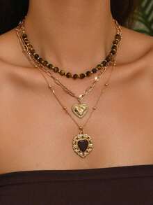 3pcs/Set Vintage Luxury Gold Chain Layered Tiger Eye Beaded Necklace With Heart Pendant, Fashionable Jewelry For Women, Suitable For Daily Wear, Parties, Music Festivals - Nhiều màu - Xem 4