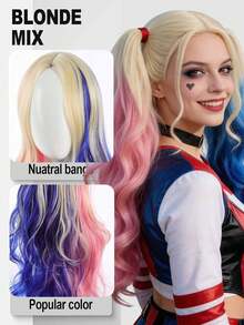 Tóc giả dài xoăn màu hồng và xanh dương dành cho nữ - Thích hợp cho cosplay và tiệc Halloween - Tóc giả sợi tổng hợp - Nhiều màu - Xem 4