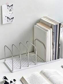 1pc Metal & PP Desktop Bookshelf With Non-Slip Base And Adjustable Dividers, Ideal For Organizing Books, Files, Stationery, And Cosmetics. - Multicolor - View 4
