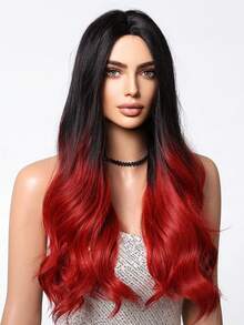 红色渐变20英寸长波浪卷合成假发，自然红色渐变水波纹假发，适合女性，非洲裔角色扮演日常发型，中分，耐热 - 漸層紅色 - 查看 6