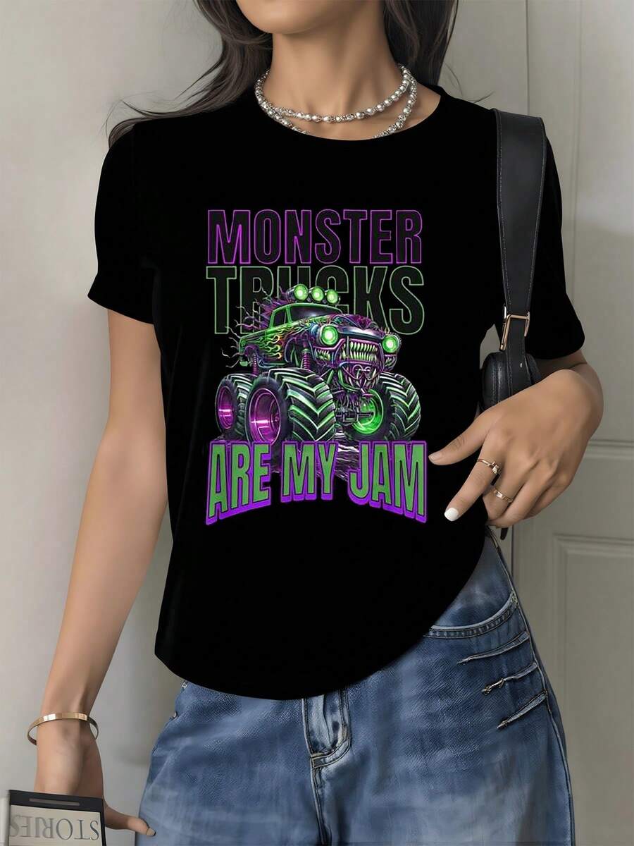 Camiseta de mujer con ilustración vibrante de monstruo mecánico sobre ruedas gigantes inspirado en la fuerza y energía del motor con luces verdes y púrpuras transmitiendo poder urbano 220g - Negro - Ver 1