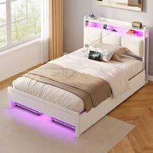 GREENSTELL Bed Frame Twin Size With Charging Station And LED Lights, Upholstered Storage Headboard With Drawers, Heavy Duty Metal Slats, No Box Spring Needed, Noise Free, Easy Assembly, Bedroom Deroc - trắng - Xem 4