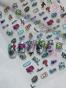 1 Tờ Hình Dán Móng Tay Phong Cách Graffiti, Kết Hợp Các Yếu Tố Hip-Hop và tiếng Anh, Bao Gồm Hình Khuôn Mặt Đội Mũ Trùm Ngầu, Màu Xanh Lá Cây, Ngón Tay Cái Giơ Lên, Biểu Tượng Hòa Bình, Tia Chớp, Mũi Tên, Hashtag, Trái Tim và các Họa Tiết Khác, Thể Hiện Phong Cách Cá Tính, Phù Hợp Với Văn Hóa Đường Phố, Hip-Hop và Người Hâm Mộ Phong Cách Y2K, Dễ Dàng Tạo Ra Những Mẫu Móng Tay Độc Đáo và Bắt Mắt. - Nhiều màu - Xem 3