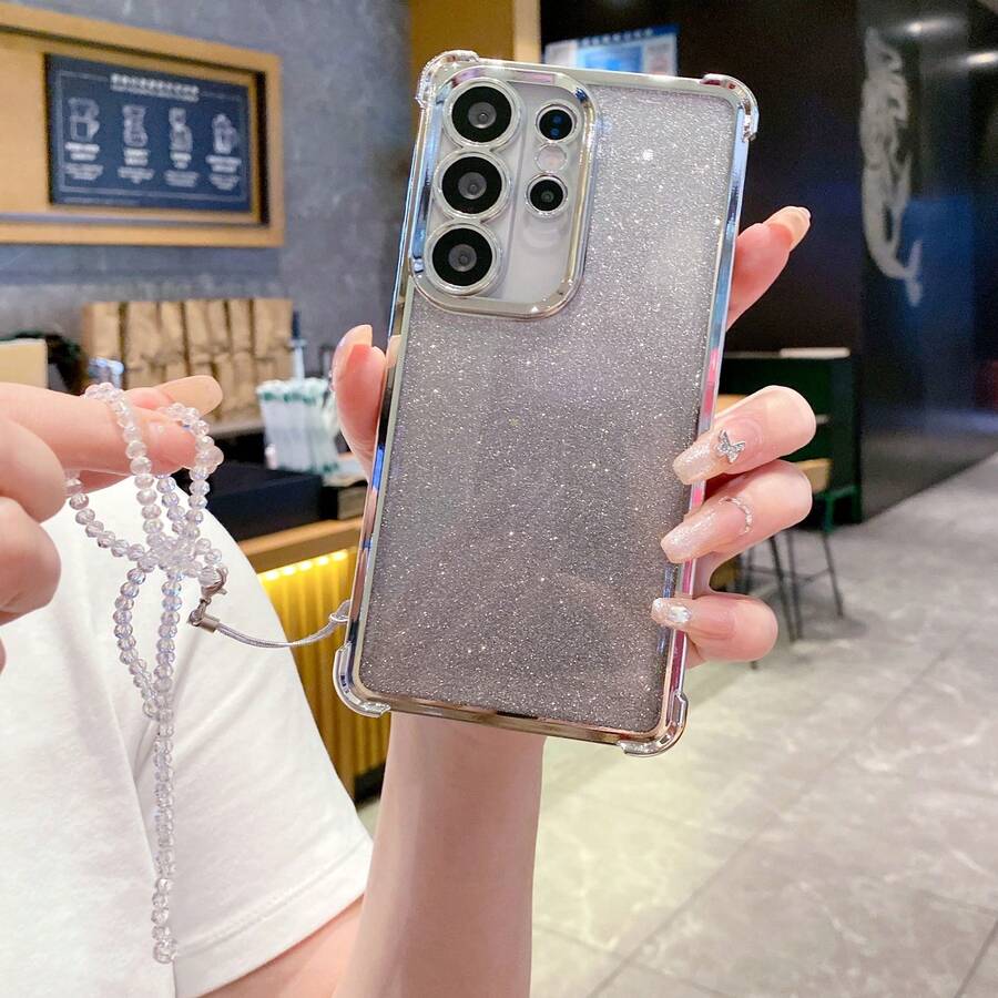 Ốp điện thoại chống sốc mạ điện mới đính kim sa, kim cương + Dây đeo nơ + Thẻ kim tuyến - Tương thích với iPhone 16/15 Pro Max, A35/A15, S24/S25, Trọn bộ ốp điện thoại tương thích với Apple, Moto/ Note 14, Phiên bản quốc tế, Không phải phiên bản nội địa. - Bạc - Xem 1
