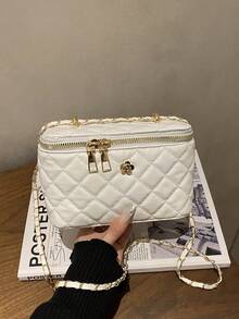 双拉链设计的盒形包，迷你手提包，适合学生、通勤等场合。 - 白色 - 查看 9