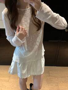 Star Pattern Lace Long Sleeve Undershirt, Versatile Mesh T-Shirt For Summer (Random Star Design) White Casual - White - View 3