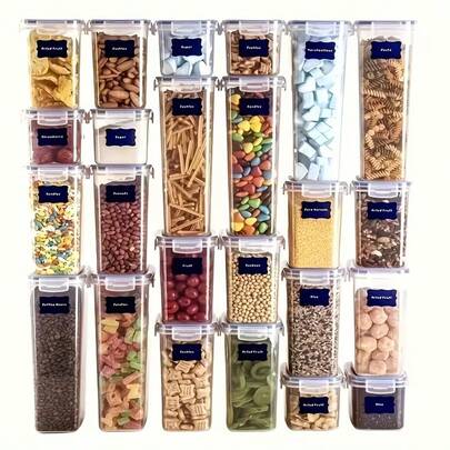 18/36/54/72pcs Waterproof Vinyl Food Storage Container Set With Pens - Reusable Self-Adhesive Labels For Spices, Cheese Etc. - Essential Kitchen Organizing Supplies, Disposable Food Containers, Collapsible Food Containers