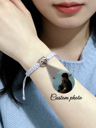 Custom Photo Projection Cat Braided Bracelet | Dainty Cute Cat Pendant & Adjustable Braided Rope | Multi-Color (White/Blue/Black/Pink) Rope Options | Fashionable, Simple, Casual, Cute & Unique Daily Accessory | Ideal For Sweet/Minimalist Styling & Gifting