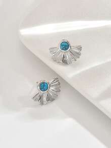 1 Pair Vintage Unique Fan-Shaped Earrings, Dazzling Luxurious Material, Delicate Fan Texture, Paired With Alluring Turquoise, Minimalist Yet Fashionable - Earring - View 5