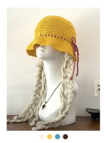 Handmade Crochet Bucket Hat, Versatile Knitted Wave Brim Bucket Hat, Breathable Yarn Hat With Bow, Cute Japanese Ins Style Knitted Bucket Hat For Women, Suitable For Face-Framing,Summer,Beach - Multicolor - View 2