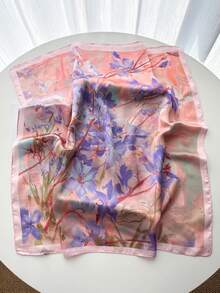 1条方形真丝围巾，女士缎面印花头巾，颈巾，头巾，时尚女士披肩，围巾 - 藕粉色 - 查看 2