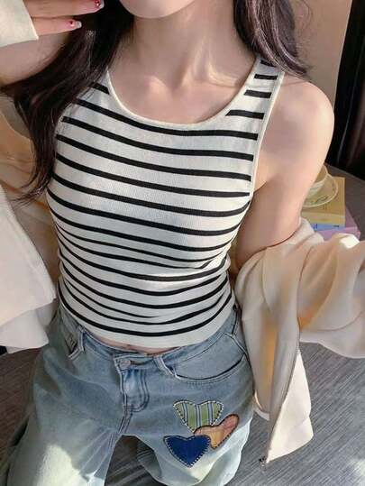 Camiseta de punto a rayas de verano para mujer, top ajustado sin mangas para usar por capas o como prenda exterior