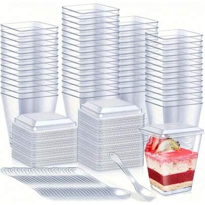 10/20/25/50/100pcs 5oz/150ml Square Dessert Cups With Lids - Clear Party Cups Suitable For Outdoor Use, Great For Yogurt, Ice Cream, Cheesecake And Mini Desserts - Birthday, Wedding, Holiday (Christmas, Eid) And Celebration Dessert Trays | Holiday Dessert Display