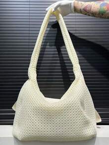 Bolso de hombro de nailon de moda para damas, bolso cruzado de gran capacidad, correa de hombro fija, diseño plegable, cierre con cremallera, forro de poliéster, bolso casual grueso - Beis - Ver 4