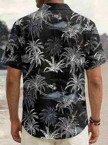 夏威夷椰树印花纽扣短袖衬衫，男士加大码 - 黑色 - 查看 2