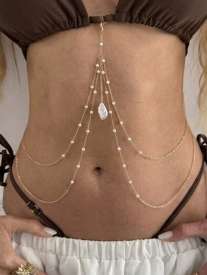 HOTNICE Mặt dây chuyền ngọc trai nhiều lớp hình dáng bất thường kiểu Baroque, kèm dây chuyền tua rua nhiều lớp, dây chuyền bikini gợi cảm, dây chuyền đa năng đeo ngực/thân, trang sức cơ thể thường ngày cho nữ, thích hợp cho kỳ nghỉ.