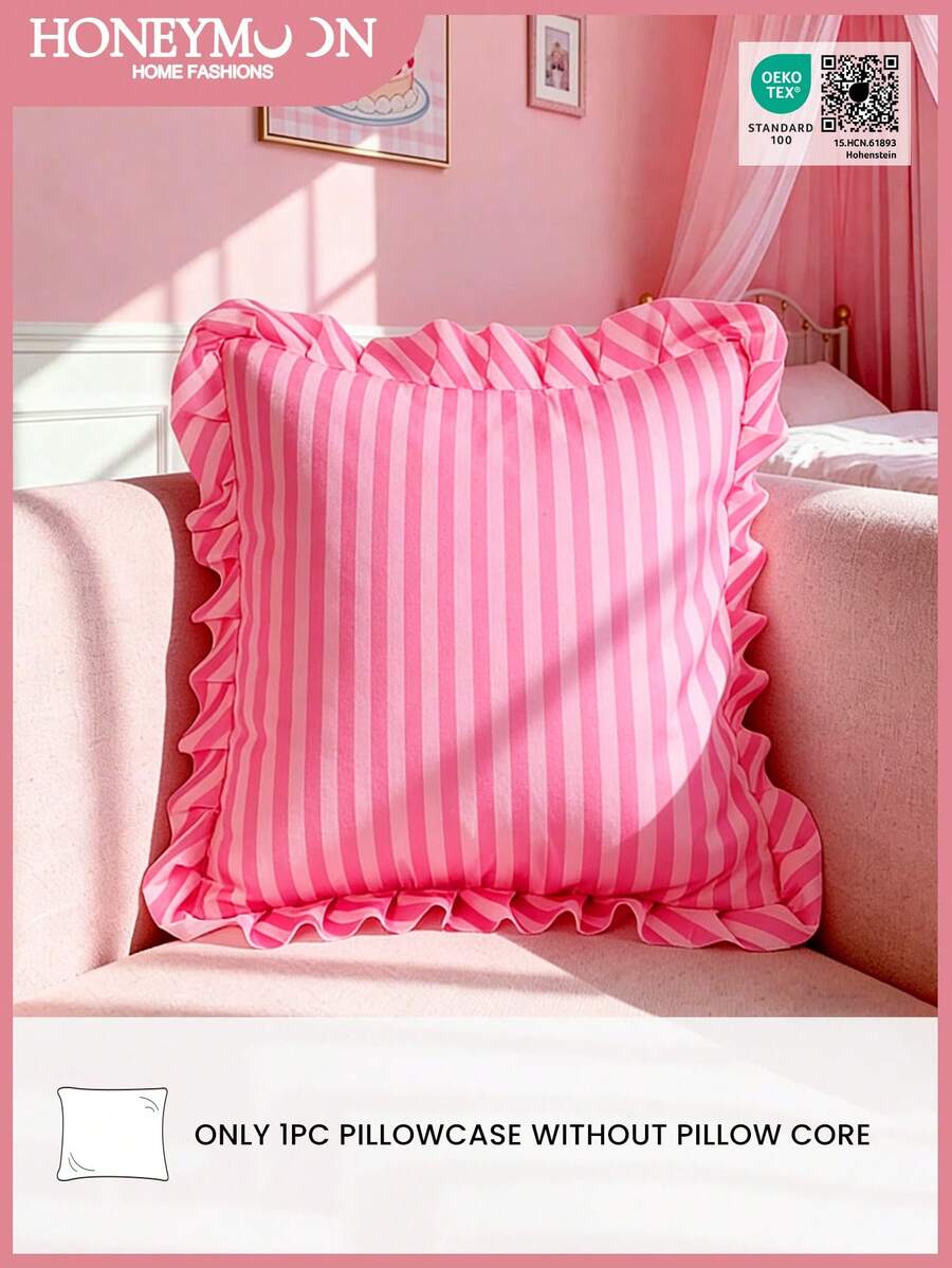 Honeymoon 1pc Printed Cushion Cover With Ruffles-Polyester Brushed Fabric Stripes Print Pattern, Soft And Breathable, Wrinkle Resistant, Pillowcase Without Filler-T F Q K Size For Home And Dorm, Oeko-Tex Certified - Multicolor - View 1
