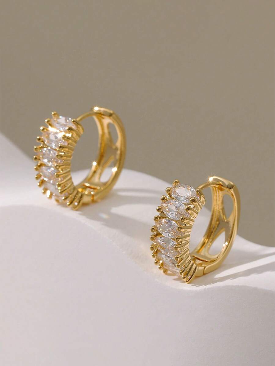 2只装奢华法式风格铜质微镶锆石镀金耳环，适合婚礼、派对、节日和日常佩戴。 - 金色 - 查看 1