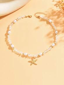 1 Stück Boho-Stil transparente Perlen-CCB Halskette mit Legierungs-Seestern Anhänger, vielseitiger Schmuck für den täglichen Gebrauch, Dates, Partys, Musikfestivals - Perlenform, -größe und -menge sind zufällig - mehrfarbig - Übersicht 2