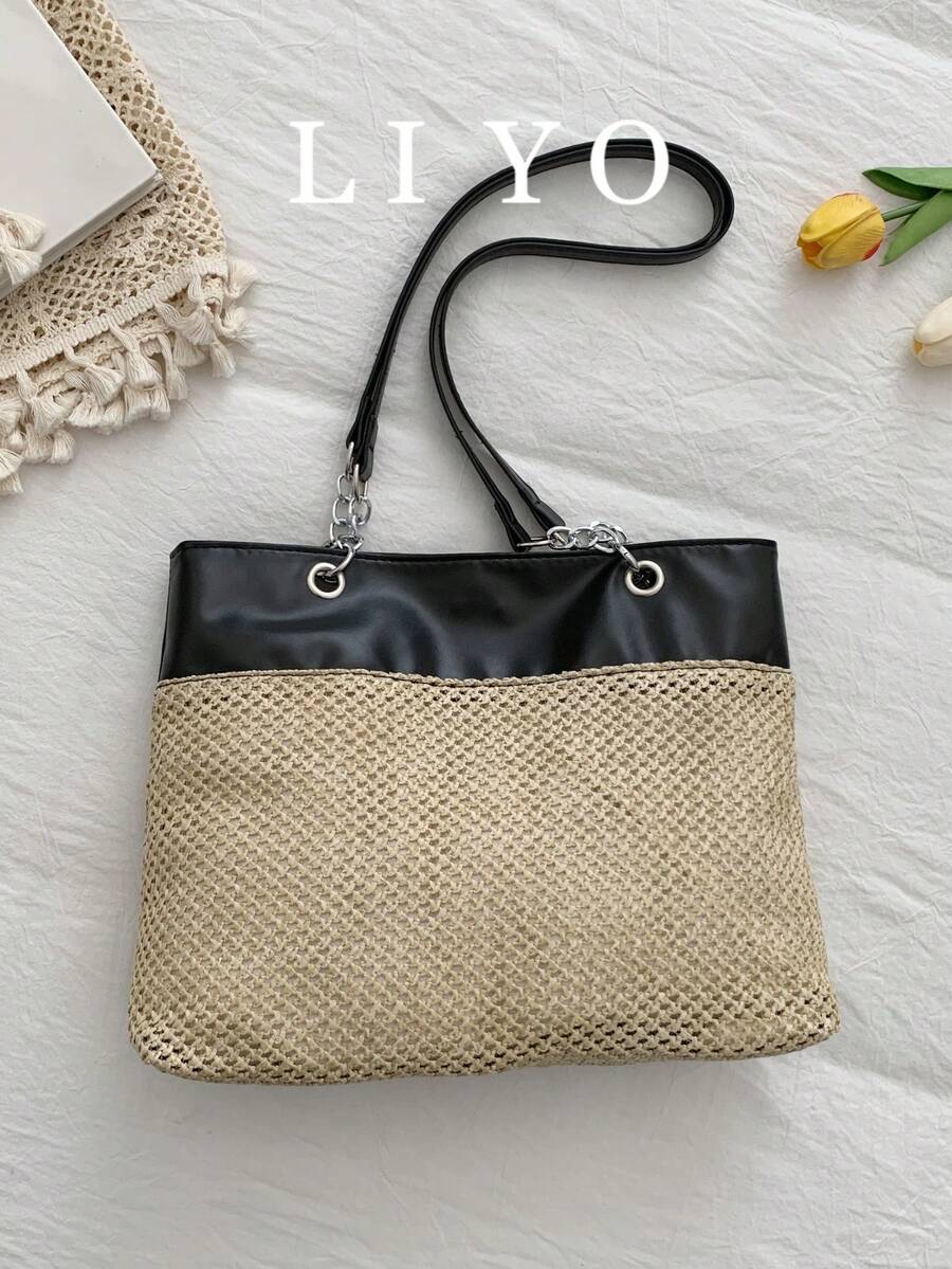 Minimalist Women Beach Bag, Fashion Versatile Woven Vacation Tote Bag