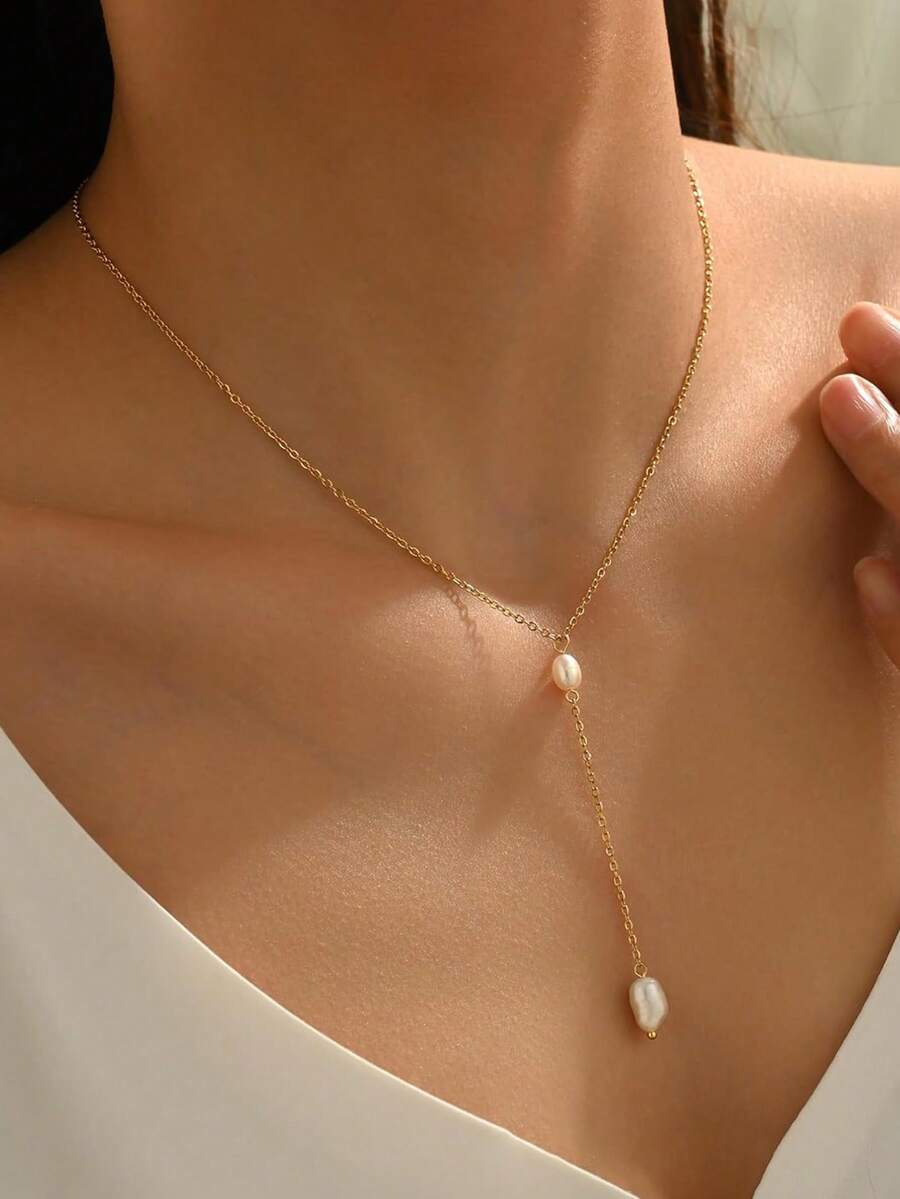 1件时尚珍珠吊坠Y字形项链，不锈钢简约设计，百搭精致优雅，适合女性日常佩戴、派对装扮或作为礼物赠送。 - 金色 - 查看 1
