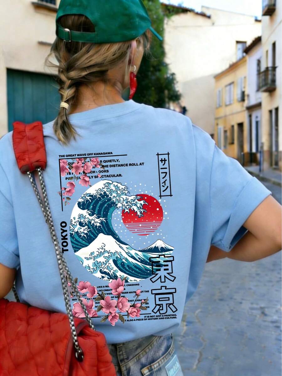 女士新款休闲可爱图案宽松圆领短袖T恤,东京岛日落波浪印花圆领短袖T恤,柔软宽松舒适高端街头风度假风休闲百搭短袖上衣 - 藍色 - 查看 1