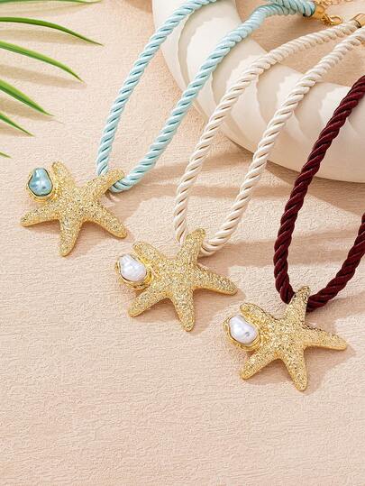 1 chiếc vòng cổ mặt dây chuyền hình sao biển đính ngọc trai, thời trang, đa năng, thanh lịch, thích hợp cho kỳ nghỉ hè của phụ nữ, trang sức đi biển.