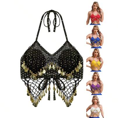 Disfraz de danza del vientre con lentejuelas brillantes para adultos, conjunto de top de gasa brillante (con acolchado incorporado, no extraíble) y pantalones, conjunto de disfraz de princesa árabe de danza del vientre oriental para mujer