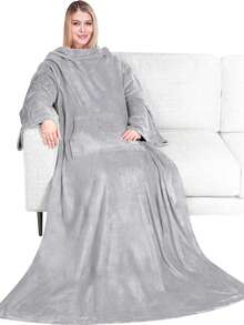 Blanket With Sleeves For Adult Women Men, Robe Blanket Gift Soft Warm Wearable Blanket Fleece Wrap Throw - Light Grey - View 6