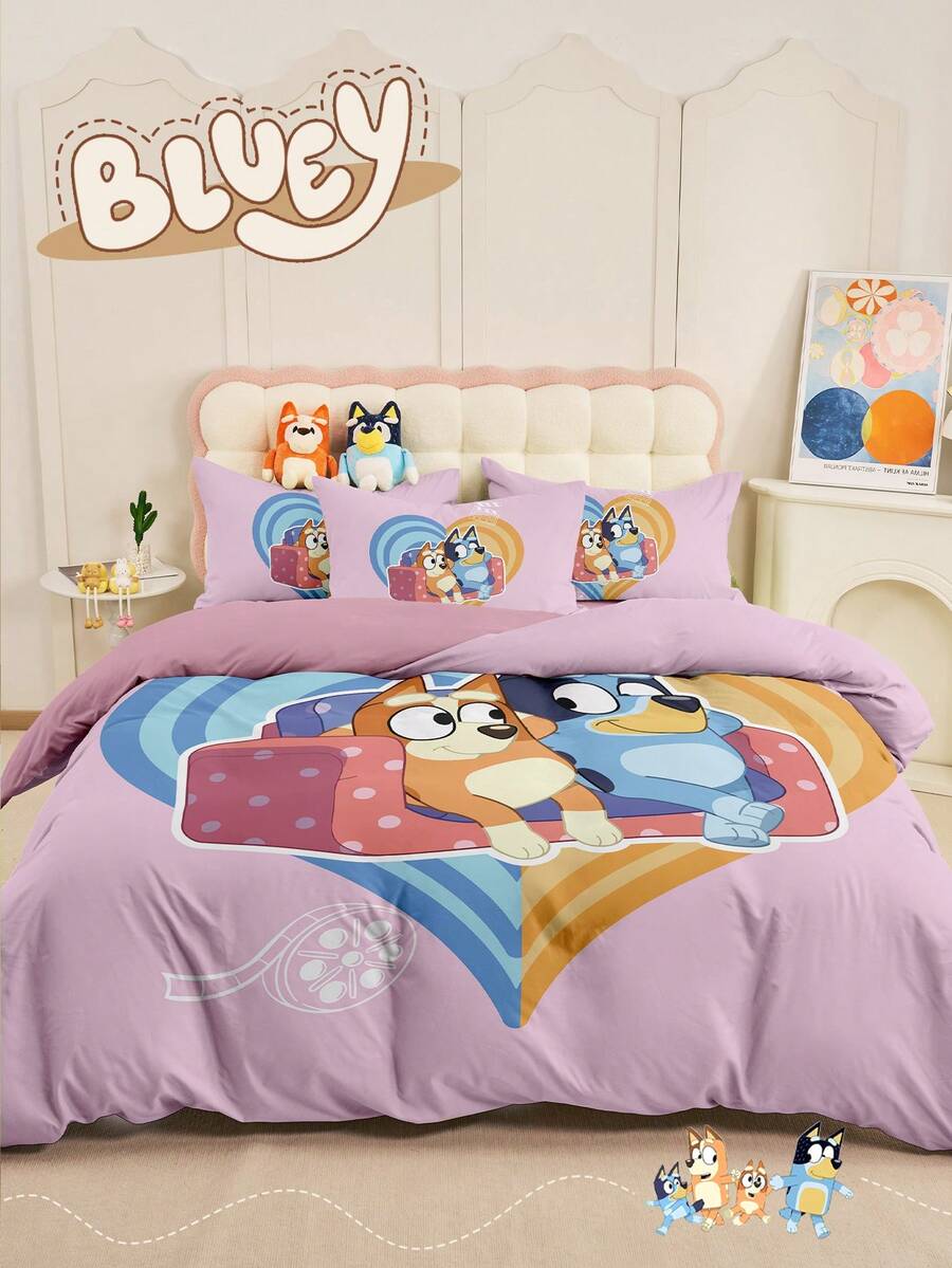 Bluey 2/3件套床上用品,主题床上用品,舒适防起球床上用品套装,柔软透气被套,卡通风格床上用品套装,适用于各种尺寸的双人床、标准双人床、特大号床和加大双人床,四季皆宜,时尚可爱,适合卧室和宿舍,可机洗,春夏装饰,房间装饰,春夏新品 - 彩色 - 查看 1
