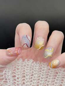 Set de 10 uñas postizas con arte de uñas, líneas de colores, ojos de gato pintados a mano dulces y frescos, arte de uñas con forma de frijol dulce y vivo soñador, accesorios de uñas hechos a mano - Multicolor - Ver 3