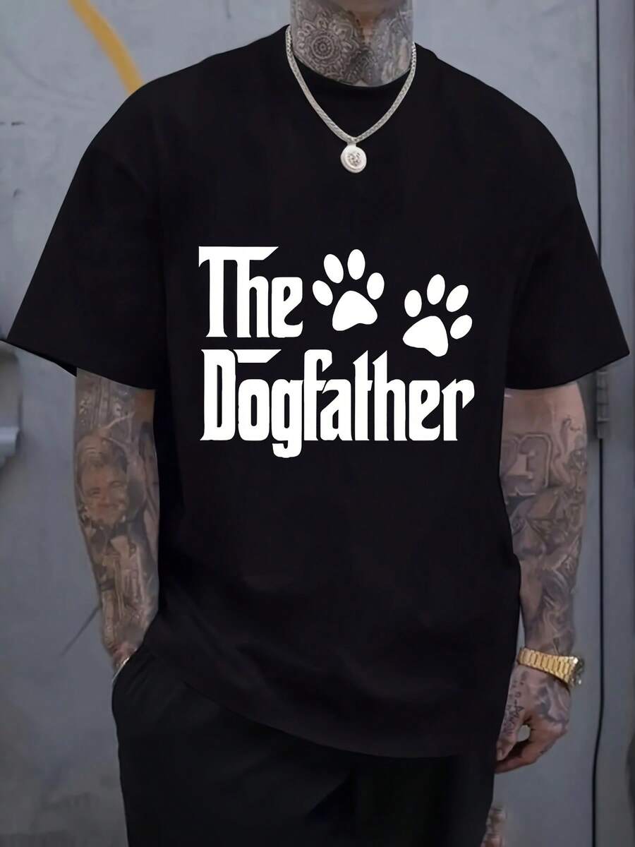 Camiseta de manga corta para hombre con cuello redondo y diseño de "Dog Father" para uso casual en primavera, verano y otoño. - Negro - Ver 1