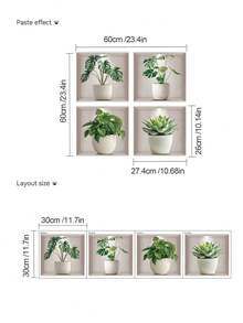 4片装2D打印绿色植物墙贴 - 3D多肉植物墙贴，适用于沙发背景墙、卧室、客厅和厨房装饰，2D平面设计风格 - 4片 - 查看 3