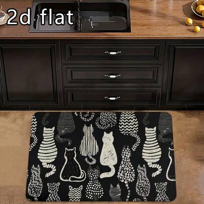 1pc/2pcs/3pcs Fade-Resistant Non-Slip Polyester Charming Cat Silhouette Kitchen Floor Mat, Suitable For Bathroom Decor, Non-Slip Mat, Absorbent Kitchen Rug, Stain-Resistant Carpet Mat, Machine Washable, Entryway Doormat, Bathroom Mat