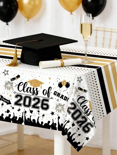 1pc Graduation Party Disposable Tablecloth, Size 220*130cm, PE Material, Black & Gold Balloon, Firework, Hat Pattern Design, Congratulations Graduation Tablecloth, 2026 Graduation Party Supplies, Graduation Party Decor, Graduation Celebration Decor, Graduation Gift, Graduation Season Tablecloth, 2026 Graduation Decor, Home Decor, Kitchen Decor, Tabletop Decor