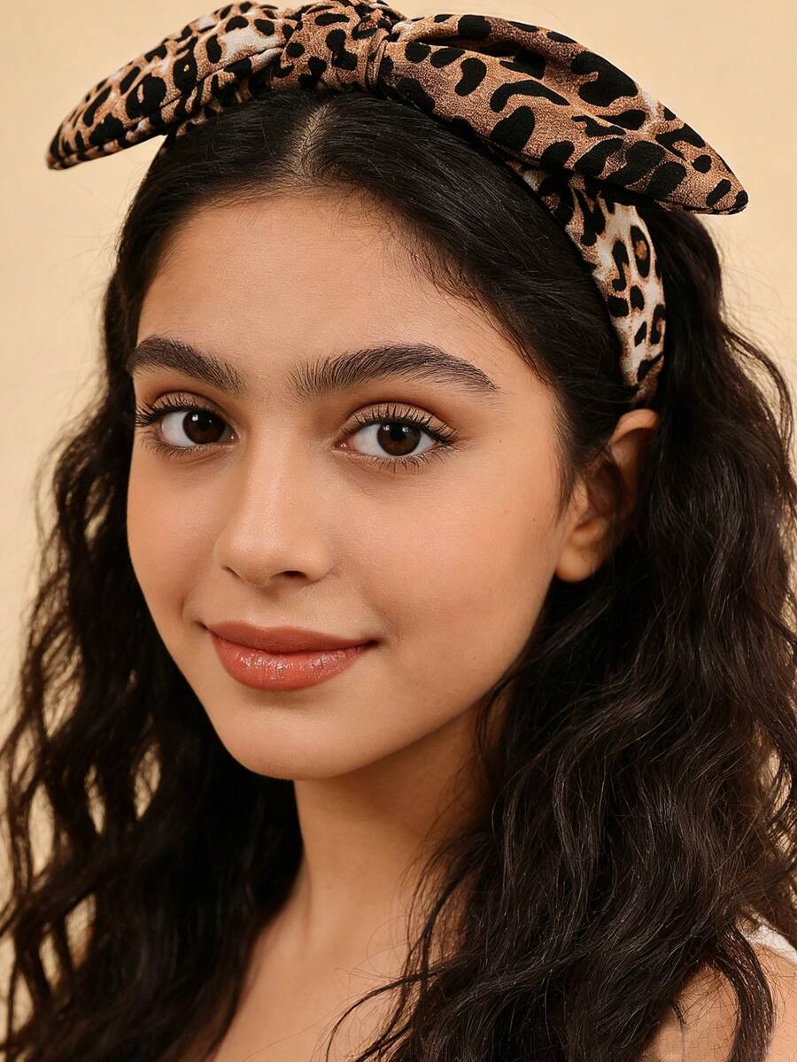 1 chiếc băng đô in họa tiết da báo, phụ kiện tóc đa năng phong cách đường phố, băng đô bản rộng thời trang có nơ. - Nhiều màu - Xem 1