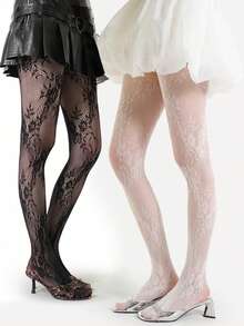 镂空花卉网纱长筒袜，甜美透明白色蕾丝连裤袜，春夏紧身裤 - 彩色 - 查看 2