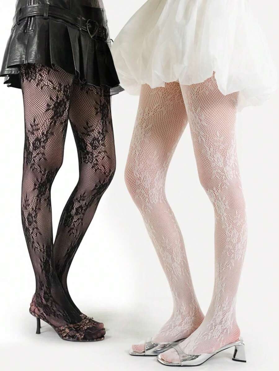 镂空花卉网纱长筒袜，甜美透明白色蕾丝连裤袜，春夏紧身裤