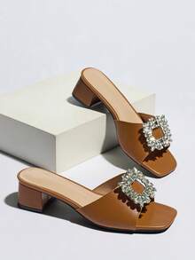 Women's Square Toe Chunky Heel Mule Sandals, Summer Breathable Slip-On Clogs, Party & Casual Wear, Open Toe Elegant Comfortable High Heel Sandals, Buckle Rhinestone Brown Beach Shoes - Brown - View 5