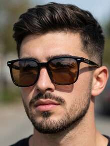 1 par de gafas de moda versátil de montura cuadrada retro con lentes negros brillantes, estilo coreano minimalista para hombres - Negro brillante - Ver 1