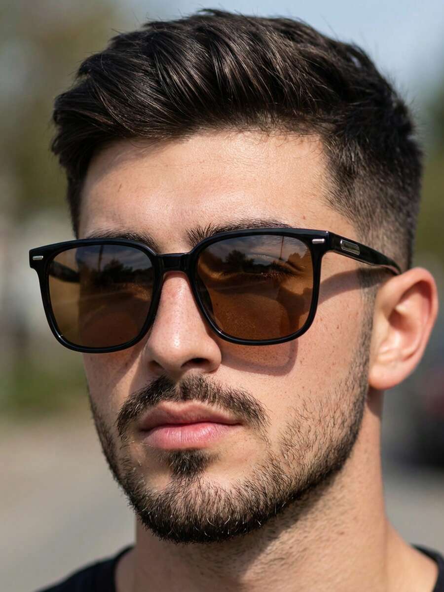 1 par de gafas de moda versátil de montura cuadrada retro con lentes negros brillantes, estilo coreano minimalista para hombres - Negro brillante - Ver 1
