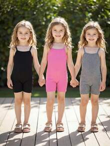 3pcs/Set Young Girls' Solid Ribbed Cami Jumpsuit Set - Multicolor - View 3